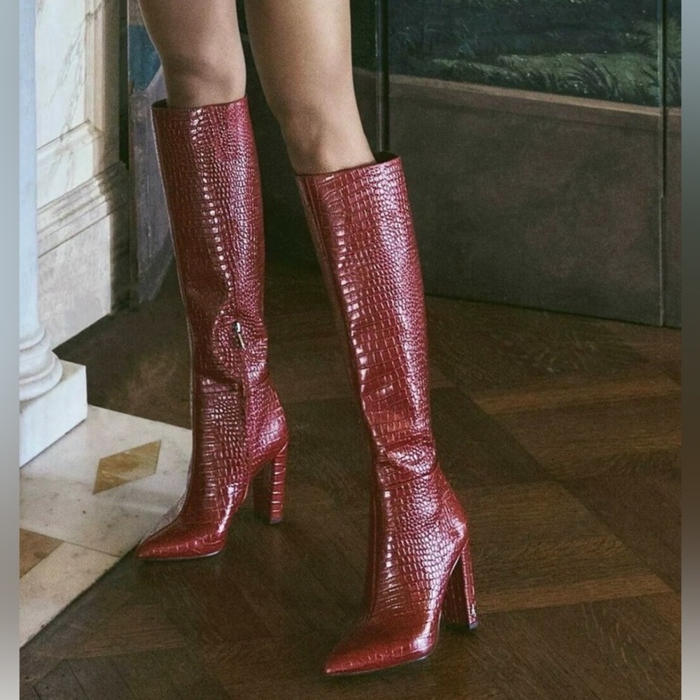 Sam Edelman Raakel Croc-embossed Spiced Red Leather Block Heel Tall Boots